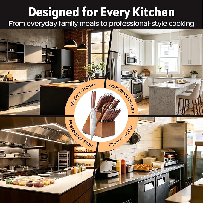 PAUDIN 16-Piece Kitchen Knife Set with Block, Built-in Sharpener, Ultra Sharp 5Cr15Mov Stainless Steel Chef Knives, Natural Wood Handles, Steak Knives, Scissors & Honing Rod, Complete Cutlery Set