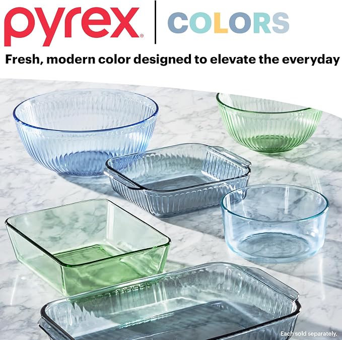 Pyrex Colors Tinted (3-Pack, Full Set) Sculpted Tinted Glass Mixing Bowls | 1.3, 2.3 & 4.5 QT nesting set of bowls with plastic lids for prepping & baking, dishwasher safe