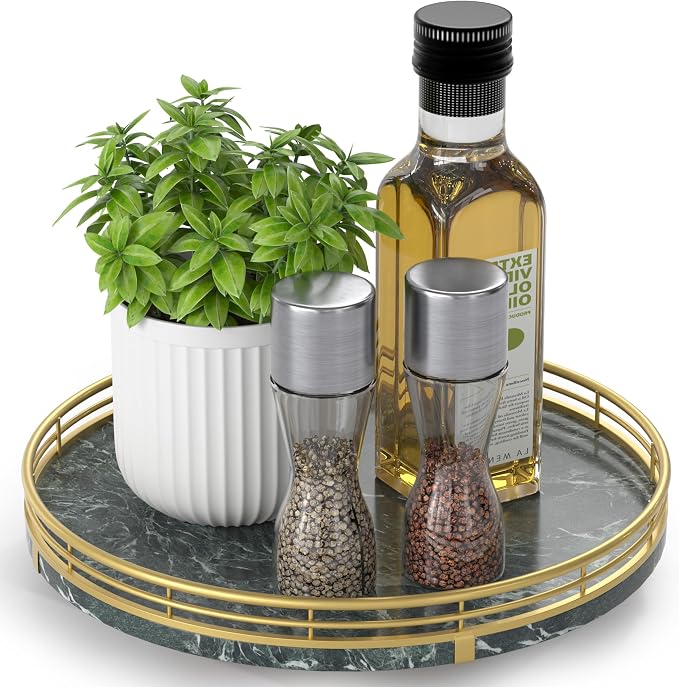 AMH 10-Inch Green Marble Lazy Susan with Gold Frame | Smooth rotating oak tray with walnut finish for dining tables, kitchen counters, pantries and cabinet storage.