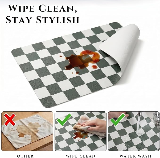 Set of 6 Checkerboard Non-Slip Washable Placemats for Dining Table | Waterproof & Heat-Resistant Faux Leather Mats | Easy Wipe Clean Tablemats for Indoor Dining, 17’’×12’’, Olive Green