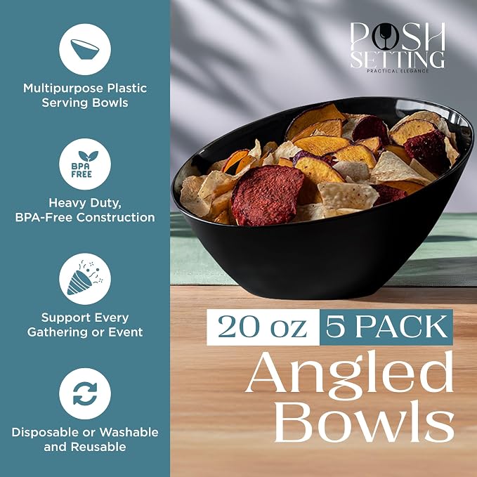 5 Pack Black Angled Plastic Serving Bowl Disposable for Party Table 20oz | Angled Bowl Design. Chip, Candy, Salad & Fruit Use. Disposable Party Tableware. Buffet & Wedding Serving. Black Plastic.