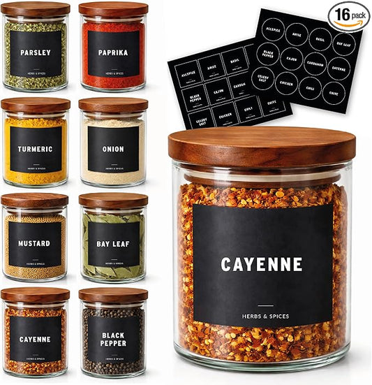 8 Pcs Glass Spice Jars with Acacia Airtight Lids and 120 Labels, 6oz Empty Containers Seasoning Bottles, Waterproof Minimalist Spice labels Preprinted, Jars for Pantry Organization and Storage