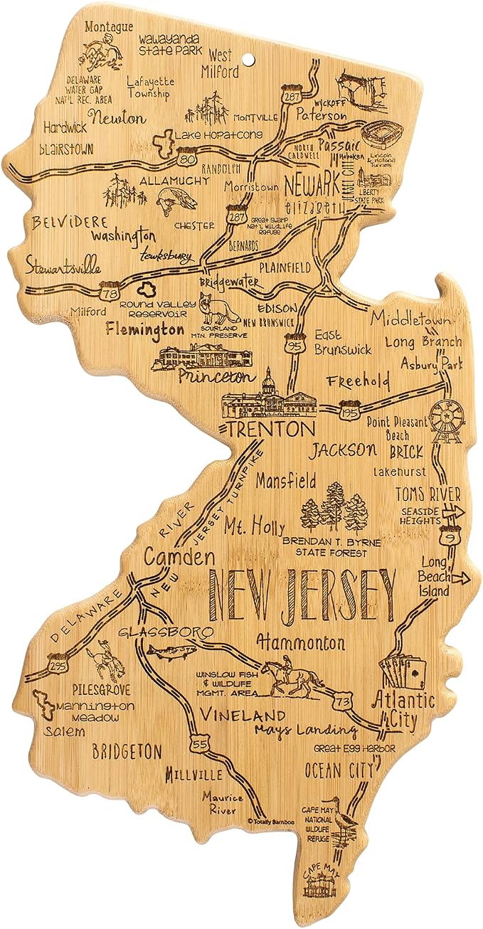 Totally Bamboo Destination New Jersey State Shaped Cutting Board | State charcuterie serving board with engraved map artwork. Smooth reverse side for food prep. Hang tie for wall display.