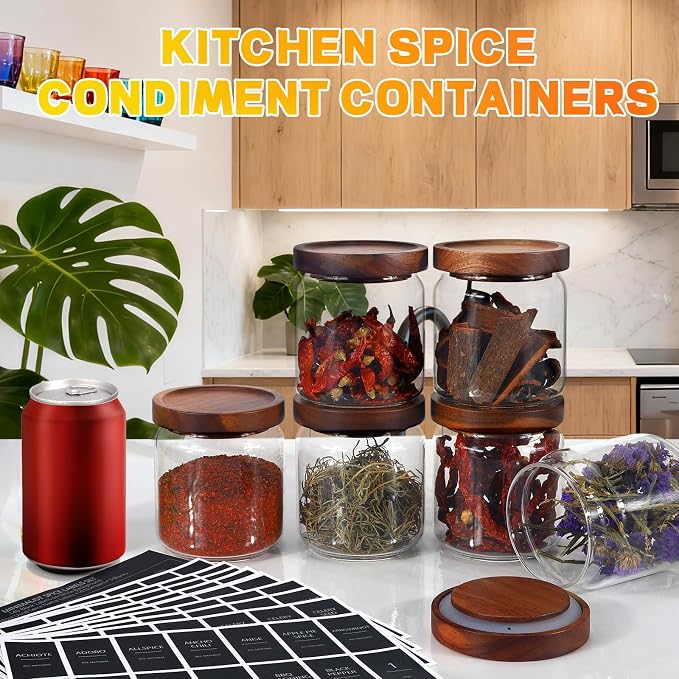 Glass Spice Jars Seasoning Containers Small Glass Jars with Lids Airtight Food Storage Canister for Kitchen Pantry Sugar Tea Coffee Bean Nuts Cookies Herbs Salt (16oz/473ml*6 pack)