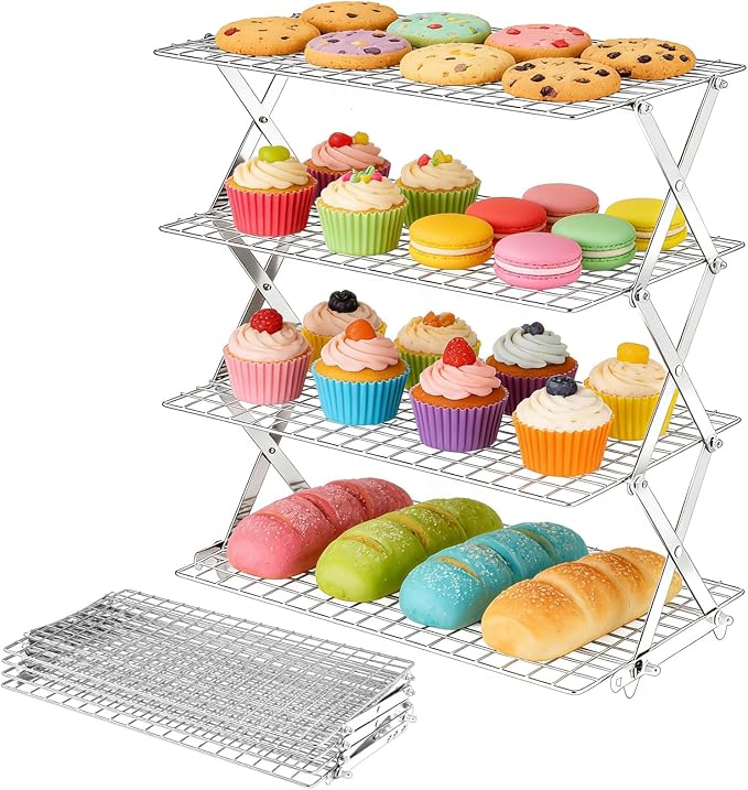 4 Tier Collapsible Cooling Rack - Adjustable Stainless Steel Baking Rack with Leak-Proof Mesh, X-Shaped Structure Cooling Rack for Cooking and Baking, Roasting ＆ Grilling Gift for Party