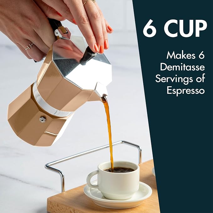 Primula Classic Moka Pot Stovetop Espresso and Coffee Maker, Italian and Cuban Cafetera for Rich Espresso Brewing, Durable Aluminum Greca Coffee Maker with Easy Grip Handle, 6-Cup, Caramel