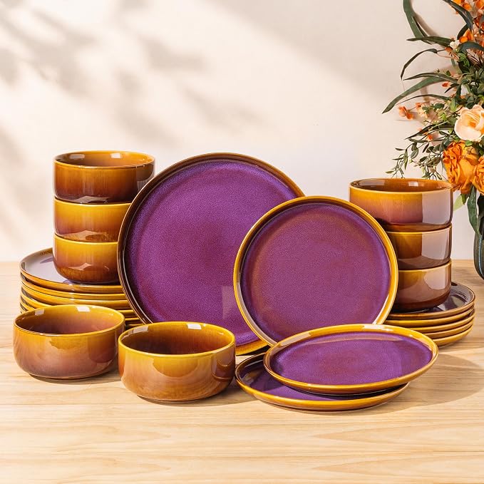 Ceramic Dinnerware Set for 8, 24-Piece Plates and Bowls Set | Handmade Reactive Glaze Dish Set, Scratch Resistant, Oven & Microwave & Dishwasher Safe, Amber Amethyst
