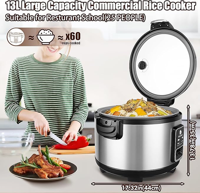 Commercial Rice Cooker & Warmer 60 Cups (Cooked),13.8 Qt / 13 Liter | Large Capacity Rice Cooker,Auto Keep Warm,Non-Stick Inner Pot,One-Touch Operation,1350W Fast Cooking Electric Rice Cooker