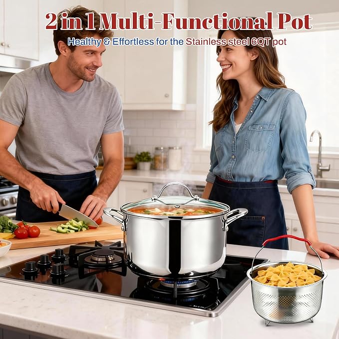 AOSION 6 Quart Stainless Steel Stock Pot with Deep Fryer Basket.