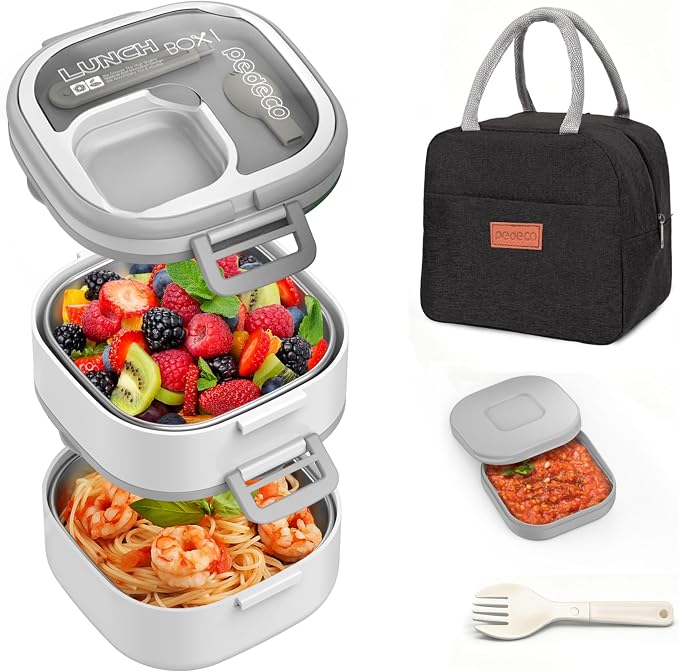 Stackable Stainless Steel Bento Box with Insulated bag,Leak-Proof,2-Tier Bento box,Lunch Box With Portable Sauce Pod and Cutlery-for Kids/Adult,Dishwasher Safe,White