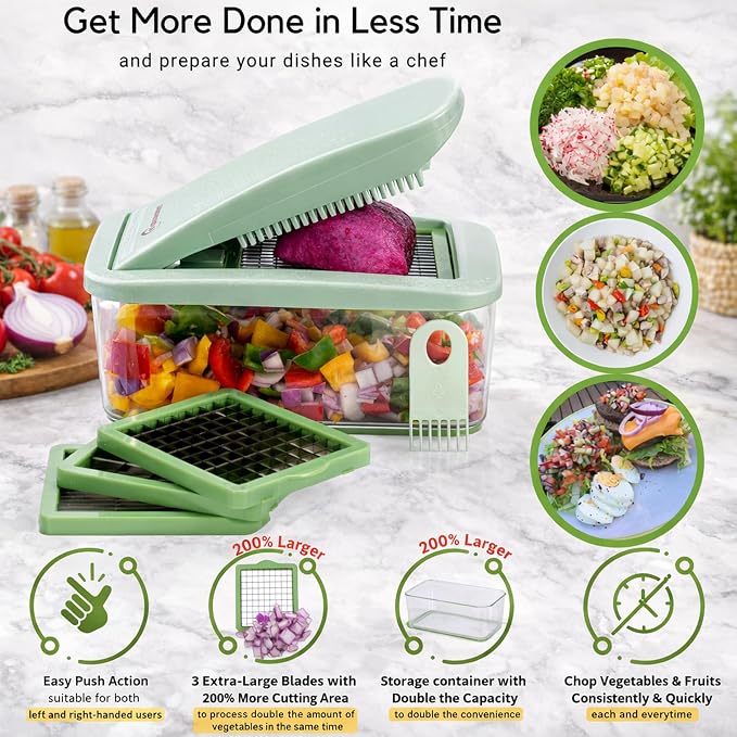 Onion Chopper Vegetable Dicer: Brieftons QuickPush Push-Down Food Chopper, Green, 3 Extra Large Blades, 200% More Cutting Area, 2.6-Quart Container, No Electricity, 12mm/23mm Dice & 6mm Slice