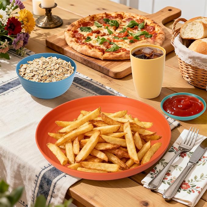 Wheat Straw Dinnerware Sets, Unbreakable Plates and Bowls Sets of 16, Kids Dinnerware Set Sevice for 4, Dishwasher & Microwave Safe Dish Set for Kitchen, Outdoor, Camping - Multi