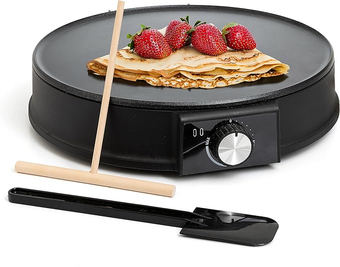 Moss & Stone 12” Electric Crepe Maker Machine, Griddle Nonstick Crepe Pan | Adjustable temperature, quick heat-up, even heating, non-slip feet, spreader & spatula included, for pancakes & tortillas