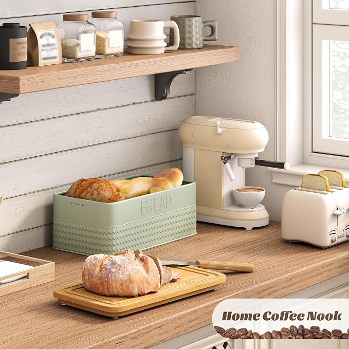kiplant Bread Box for Kitchen Countertop, Large Bread Storage Container with Bamboo Lid, Iron Farmhouse Bread Box for Your House, Green