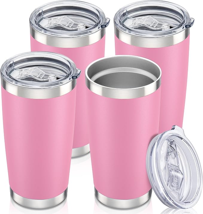 20 oz Tumbler with Lid Stainless Steel Insulated Tumblers Bulk Cups Mug | Double Wall Vacuum, Powder Coated, Keep Drinks Cold and Hot, Waterproof Lid, Fit of Car Cup Holders, Pink, 4 Pack