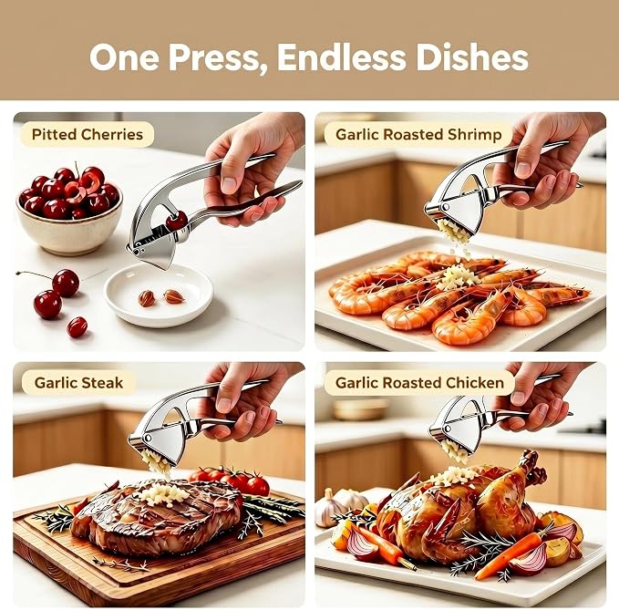 Garlic Press, Zinc Alloy Garlic Ginger Crusher & Mincer Tool Heavy Duty Garlic Mincer & Grinder with Large Chamber Multiple Studs Dishwasher Safe Ergonomic Handle Easy Squeeze Kitchen Essential