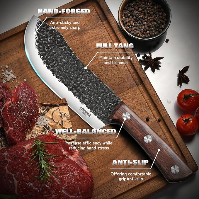 Huusk Butcher Knife Set with Roll Bag - 10PCS for Meat Processing Men Gift | High Carbon Steel, Ergonomic Ebony Grip, Viking Serbian Chef Meat Cleaver for BBQ Kitchen Outdoor Camping, Men Birthday Gift