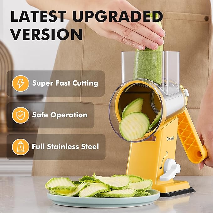 Geedel Upgraded Rotary Cheese Grater Hand Crank, Vegetable Shredder Slicer | 4 Blades, Stronger Suction Base, Wider Chute, 18x Faster Cutting, No BPA, Stainless Steel, for Cheese, Veggies, Nut