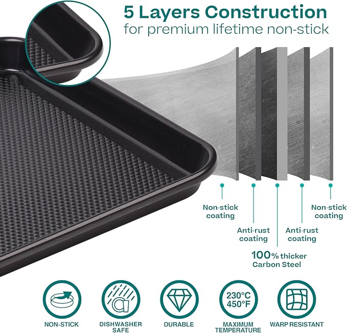 Baker's Secret 2 Pack Half Sheet Pan Set, 1/2 Cookie Sheets for Baking with Diamond Texture, 17.7" x 13" Large Baking Sheets Non Stick, Non Toxic Oven Trays for Cooking, 100% Thicker Carbon Steel