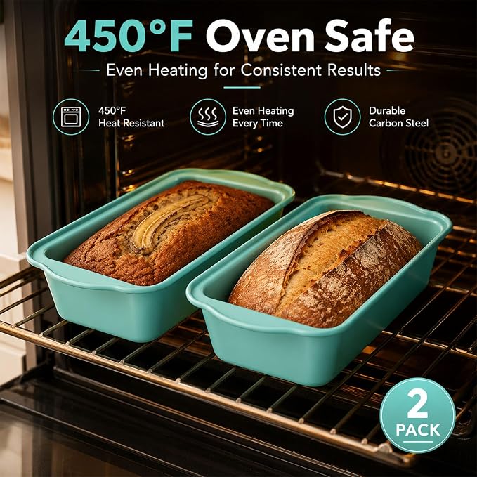 2 Pack 9x5 Inch Loaf Pan with Lid, Nonstick Bread Pans for Baking | Bake, Store & Carry, Heavy Duty Carbon Steel, Perfect for Banana Bread, Homemade Bread & Meatloaf, PFOA-Free
