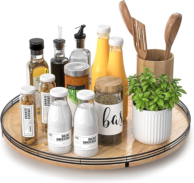 AMH 18-Inch Extra Large Farmhouse Oak Lazy Susan Organizer | Smooth rotating oak tray with walnut finish for dining tables, kitchen counters, pantries and cabinet storage.