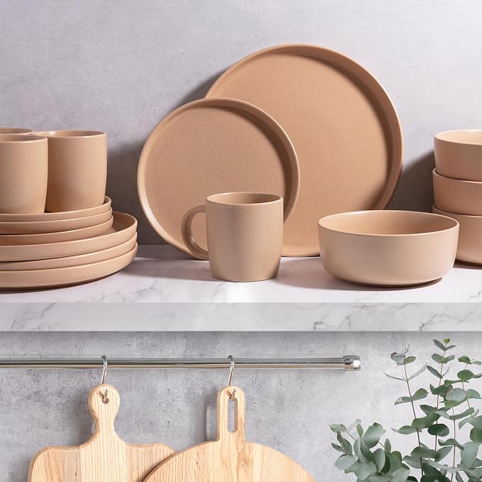 Zulay Kitchen Terra Stoneware Dinnerware Set, Artisanal Ceramic Plates and Bowls Set Crafted at 2300℉ - Service for 4, Terracotta Clay
