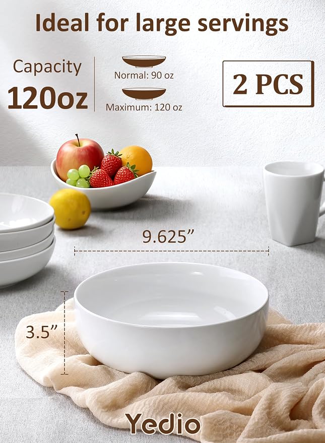 Pasta Serving Bowls 120 Ounce 9.7” Large Serving Bowls, Porcelain Salad Bowls for Kitchen, Big White Soup Bowls, Oven Dishwasher Safe, Set of 2 | Smooth Glaze, Easy-Clean, Stackable, Oven/Microwave/Dishwasher/Freezer Safe, Deep enough for Soup, Fruit, ...