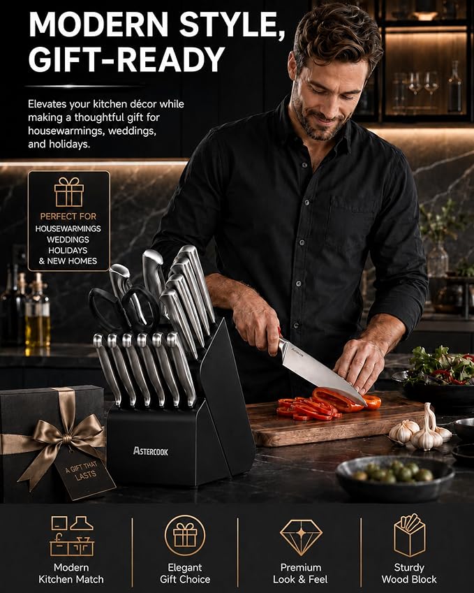 Astercook Knife Set 15 Piece German Steel Kitchen Knife Block Set | Wooden Block with Built-in Sharpener, One-Piece Design, Dishwasher Safe, Rust-Resistant, 6 Steak Knives, For Cooking & Gift