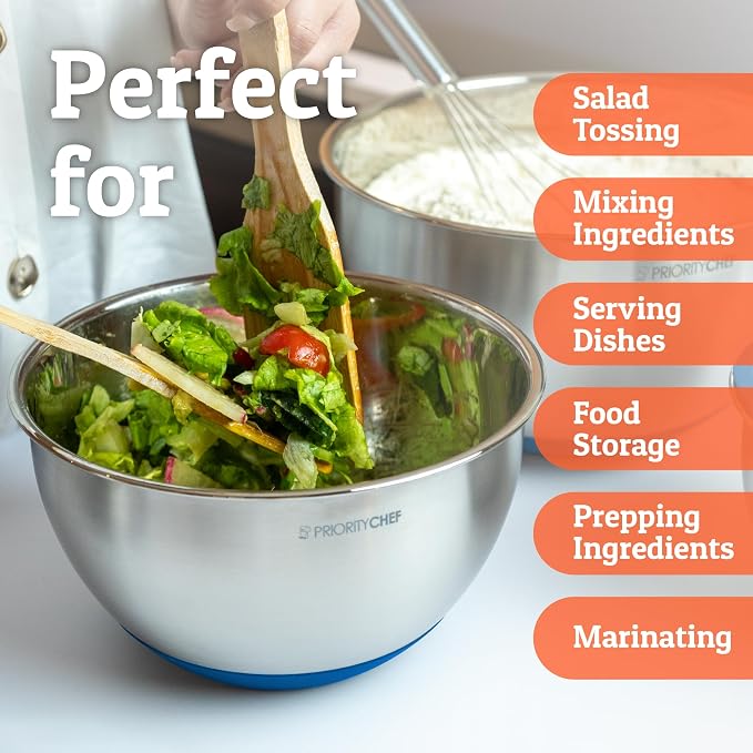 Premium Mixing Bowls With Airtight Lids Set, Thicker Stainless Steel Mixing Bowl Set, Large Prep Metal Bowls with Lids, Nesting Bowls for Kitchen, 1.5/2/3/4/5 Qrt, Blue