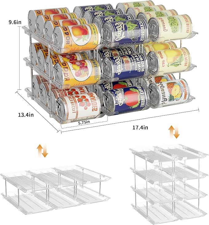 LXLXXL Can Organizer for Pantry Canned Food Storage Goods Holders 3 Tier | Automatic Rolling, Clear Acrylic Can Storage Rack, Sturdy and Stackable Shelf, for Fridge Cabinet Pantry Kitchen Organizer