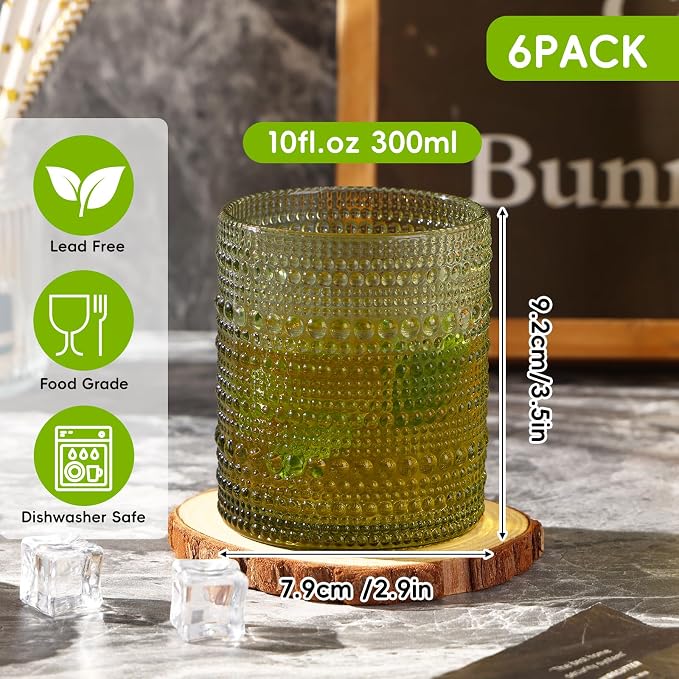 Moretoes 10oz Green Hobnail Drinking Glasses Set of 6 Cocktail Glasses | Vintage Old Fashion Glassware, Textured Glass Cups Bubble Glasses Water Glasses Jupiter Glasses Set