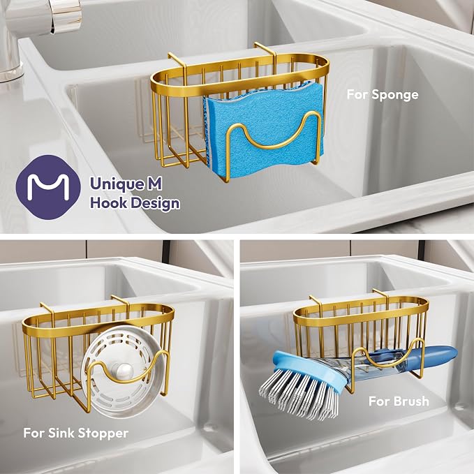 SWTYMIKI Sponge Holder for Kitchen Sink - Movable Kitchen Sink Caddy with M Shape Hook, Stainless Steel Hanging Sponge Caddy for Dish Sponge, Brush, Stopper Organizer in Double Sink, Gold