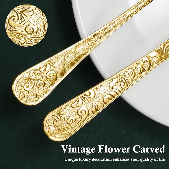 Meythway 40-Piece Vintage Carved Gold Silverware Set for 8, Stainless Steel Flatware Set with Knife/Fork/Spoon, Cutlery Set for Home and Kitchen, Utensil Set with Dishwasher Safe