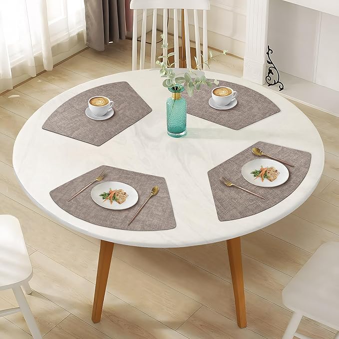 Round Table Placemats Set of 4, Faux Leather Wedge Shape Place Mats Heat Resistant Wipeable Washable Table Mats for Dining Outdoor Indoor, Camel