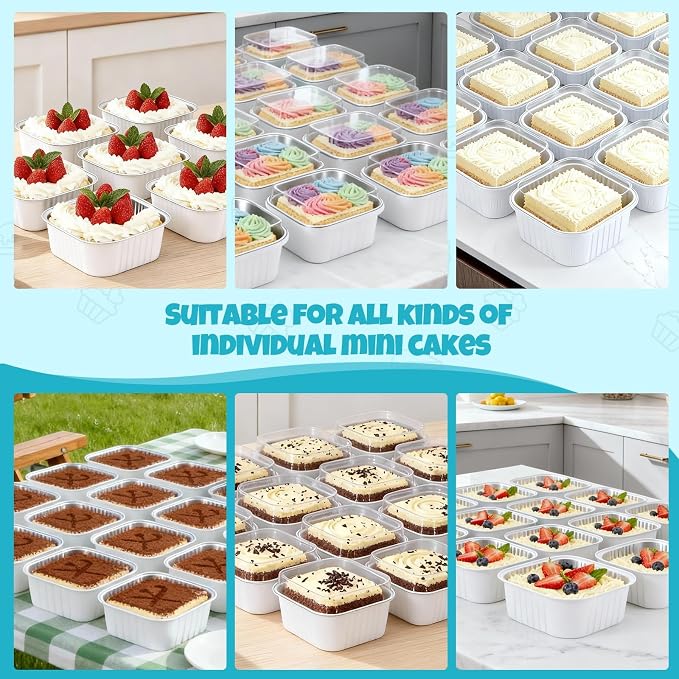 100 Pack White 10oz Pink Mini Cake Pans With Lids, Aluminum Foil Square Brownie Baking Cups,Disposable 4”x4” Large Cupcake Pan,Jumbo Muffin Tin Ramekins Holders