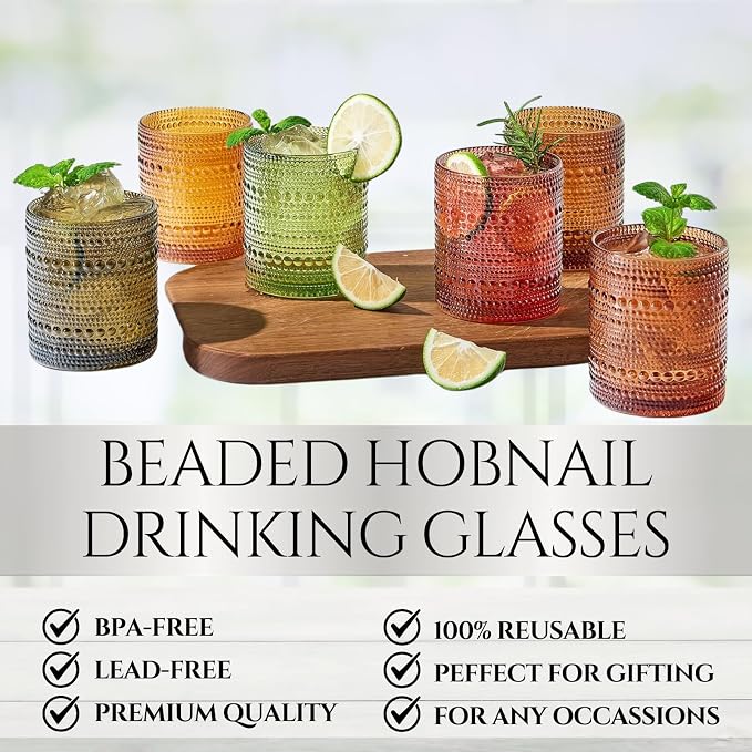 Shades of Summer Set of 6 Luxury Hobnail Drinking Glasses - 11oz Jewel-Toned Vintage Beaded Highball Tumblers - Textured Bubble Glassware Drinks Cocktails & Wine Elegant Boho Home Bar & Dining Décor