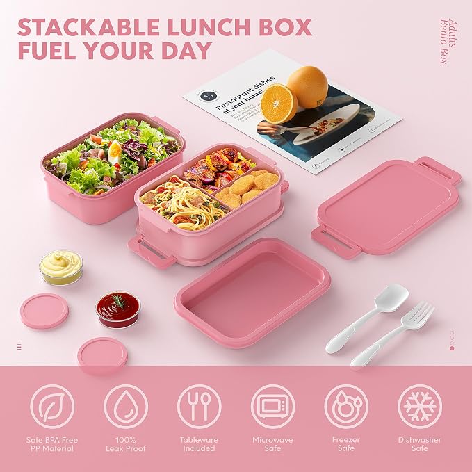 Bento Lunch Box for Adults - 3 Layers Leak-Proof Stackable Bento Box for Adults, 72oz Large-Style All-in-One Adult Lunchbox Bento Box with Utensil Accessories for Dining Out,Work, Pink