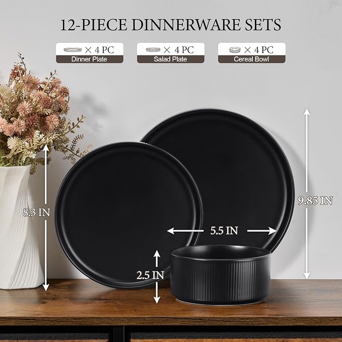 E-far 12-Piece Plates and Bowls Sets, Stoneware Dinnerware Dishes Sets for 4, Kitchen Modern Dining Dishware, Chip & Scratch Resistant, Microwave & Dishwasher Safe, Matte Black