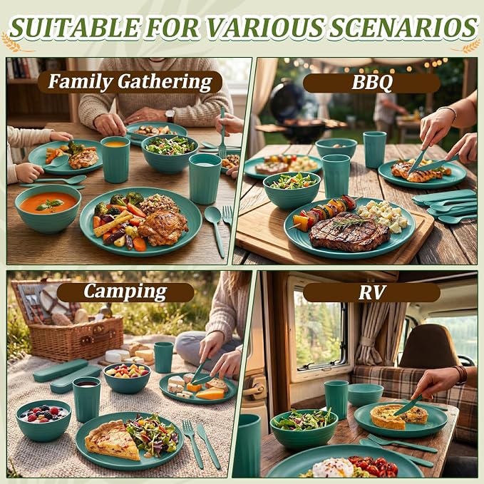 Wheat Straw Plates and Bowls Sets 28 PCS,Chip Resistant Dinnerware Sets for 4,Microwave Safe Dish Sets, Stackable and Lightweight Cup Set, Cutlery Set for Kitchen,Outdoor,Camping(Green)
