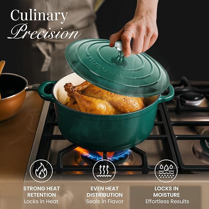 Cast Iron Dutch Oven with Lid - Non-Stick Ovenproof Enamelled Casserole Pot- Sturdy Dutch Oven Cookware - Dark Green, 7.3-Quart, 30cm - by Nuovva