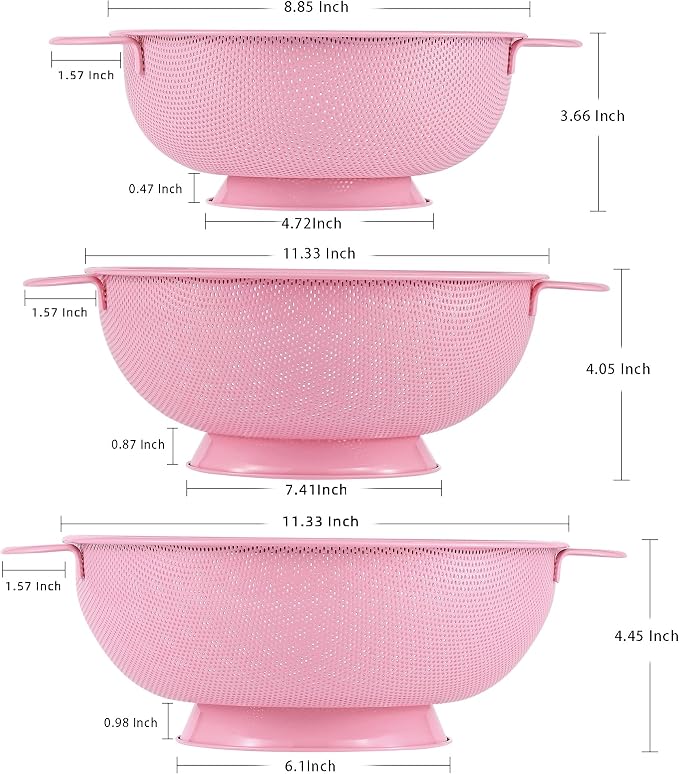 Stainless Steel Colander 3 Piece,Metal Strainer Basket with Solid Base and Handles for Kitchen Food,Pasta, Noodles, Vegetables and Fruits,Powder Coated,BPA Free,Dishwasher Safe,2 & 3 & 4.5 Qt (Pink)