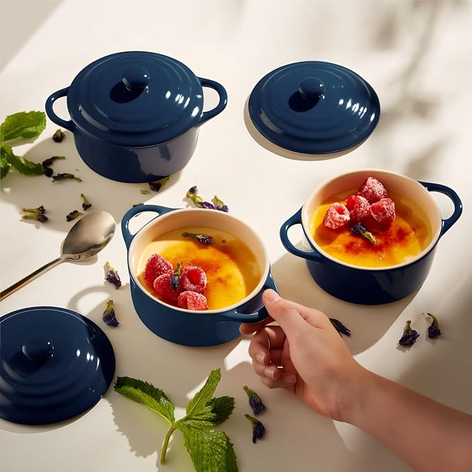 Kook Ceramic Mini Cocotte Set, Small Casserole Dishes with Lids and Handles, Individual Baking Ramekins, Oven safe 350F, Microwave & Dishwasher Safe, Stoneware, 12 oz, Set of 4, (Navy)