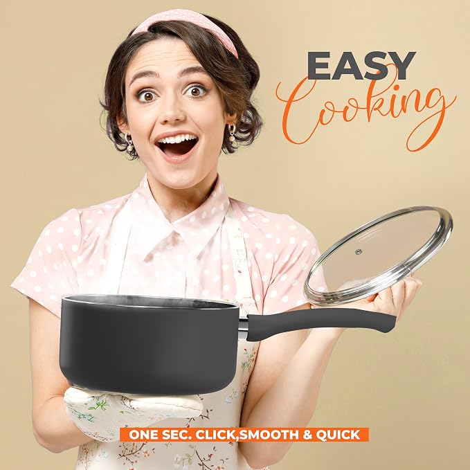 Utopia Kitchen 2 Quart Detachable handle Nonstick Saucepan with Glass Lid, Multipurpose Use for Home, Kitchen or Restaurant, Grey & Black (Pack of 2)