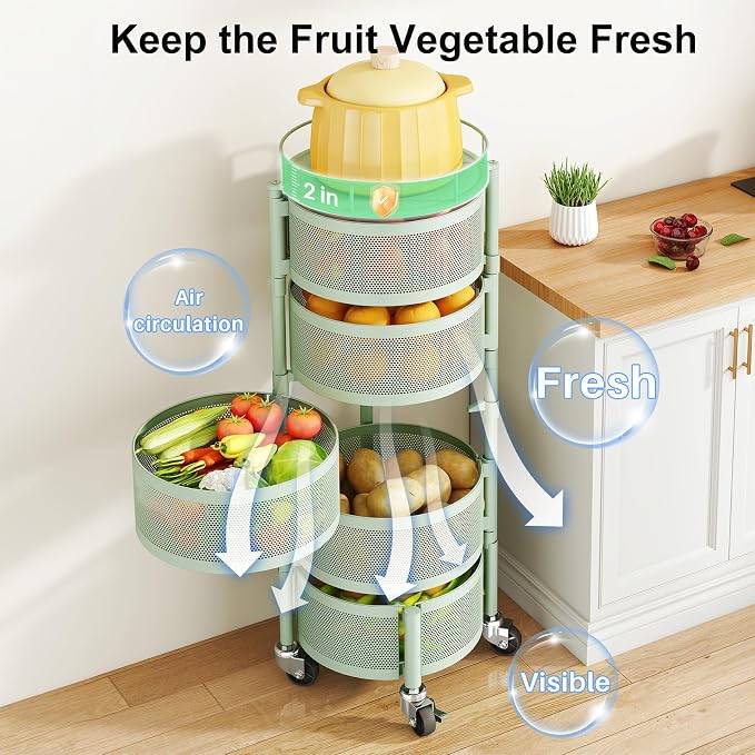 SAYZH 5 Tier Fruit Vegetable Basket Stand for Kitchen, Rotating, Green | Rolling Storage Cart with top lid, Large Metal Wire Rack for Potato and Onion Storage