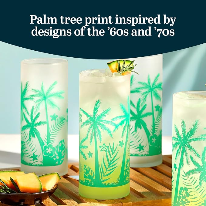 Libbey Vintage Palms Drinking Glasses Set of 4, Colorful, Retro Palm Tree Design Glass Cups Set, Dishwasher Safe Water Glasses Set for Cocktails