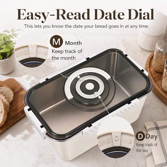 Bread Storage Stainless Steel Bread Box for Homemade Bread Airtight,Beige | 304 Stainless Steel;Airtight;Date Dial;5800ML Large Capacity (13.0 × 7.1 × 5.7 in);Dishwasher Safe;Portable Handle;Leak-Proof