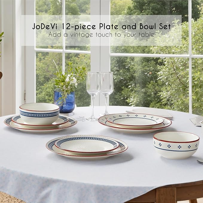 12-Piece Stoneware Dinnerware Set for 4, Geometric Vintage Plates & Bowls, Scratch-resistant Dishwasher & Microwave Safe Dishware, Modern Tableware Service for Everyday Use or Entertaining