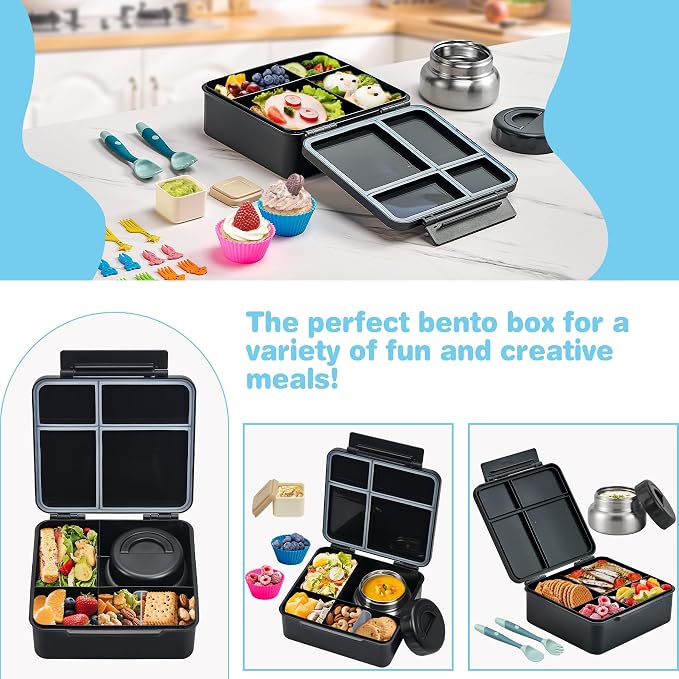 Bento Lunch Box with 9.5 oz Soup Thermo, Kids Leakproof 4 Compartments Bento Box with Silicone Cupcake,Fruit Fork,Spoon and Sauce Cup,Insulated Food Jar for School Travel-Game