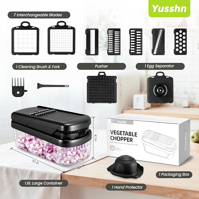 Yusshn Vegetable Chopper, 12-in-1 Food Veggie Chopper Cutter with Container | 7 Sharp Blades Dice, Slice, Shred and Grate for Salads, Onions and Meal Prep, with a Non-Slip Base and Drain Basket