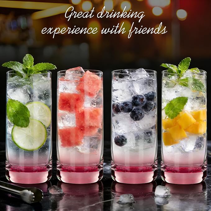 Pink Highball Glasses Set of 6, Drinking Glass for Mixed Drink | 13oz ,Cups for Cocktail, Beer, Mojito, Water and Juice,Thick Tall Glassware for Kitchen, Restaurant, Home Bar and Parties